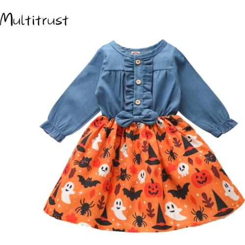 Toddler Infant Kids Baby Girl Halloween Dress Fall Long Sleeve Autumn Ruffle Patchwork Denim Dresses Outfits Clothing