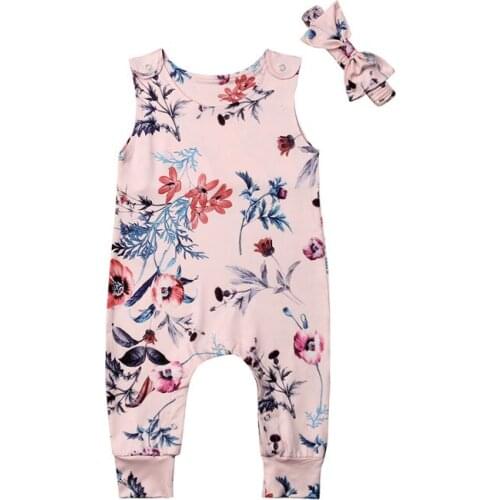 Emmababy New Summer Sleeveless Jumpsuit Round Neck Outfits Bow Headband Playsuits Newborn Baby Girls Floral Cotton Romper