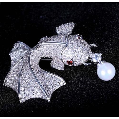 Red Trees Brand High Quality Fish Shape Animal Brooch For Man & Women With Cubic Zirconia Sweater Accessories Christmas Gift