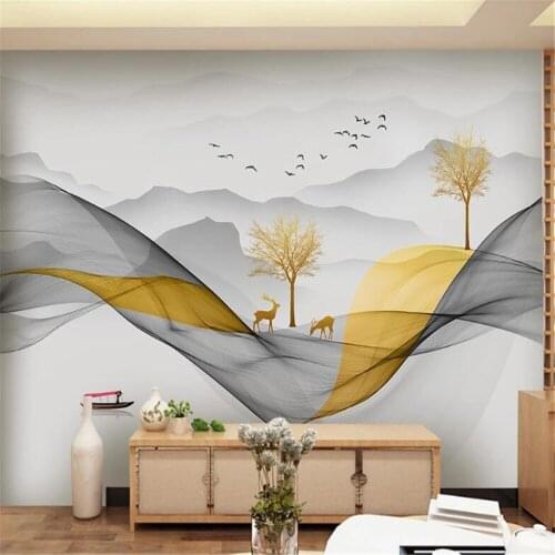 Milofi new Chinese style hand-painted abstract gold foil lines landscape landscape wallpaper mural TV background wall