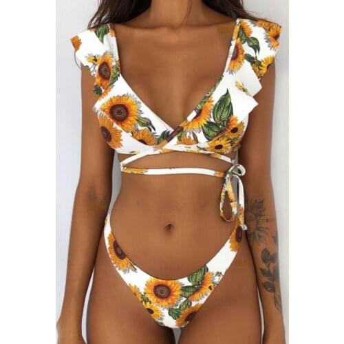 Swimwear Women Fashionista Lady Sexy Floral Print Bandage V-neck Containing Chest Pad Ruffles Bikini Set Two Piece Swimsuit