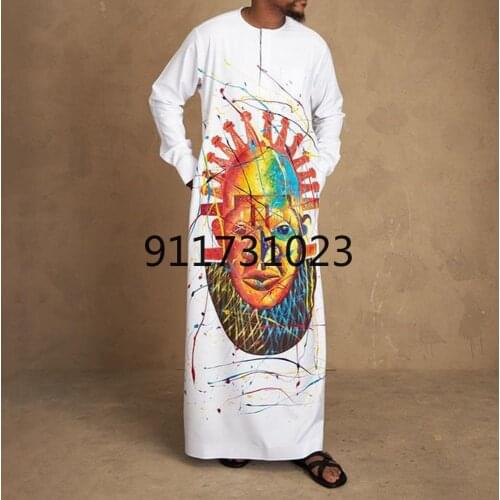 Muslim clothing 2021 summer ethnic style long-sleeved fashion cartoon printed loose mens robe