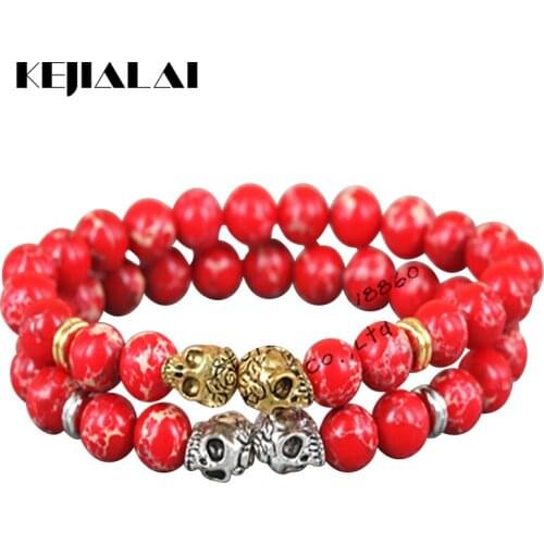 KEJIALAI 2pcs 2018 New Fashion 8mm Beads Bracelet Gold/Silver Color Skull Head Red Regalite Lava Stone Beads Men Bracelet A0320