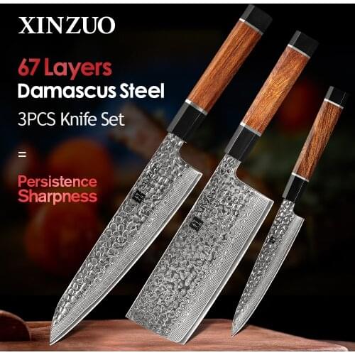 XINZUO 2PCS Damascus Steel Kitchen Knife Sets Excellent 5''in Utility 6.8''in Cleaver 8''in Chef Knife Desert Ironwood Handle