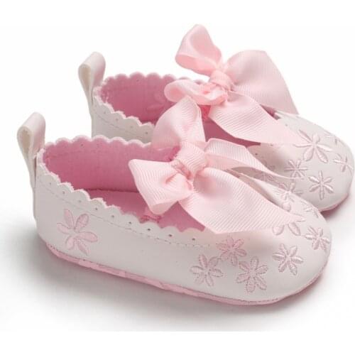 Baby Girls Toddler Infant First Walkers Spring Soft Sole Non-Slip PU Princess Casual Floral Embroidery Shoes With Bowknot