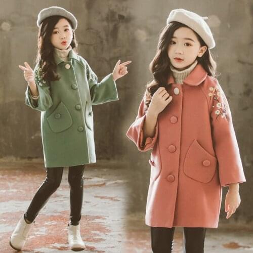 Kids Coats Childrens Trench Coat Flower Embroidery Sleeve Winter Warm Woolen Jackets for Girls Kids Outerwear Teen Girl Clothes