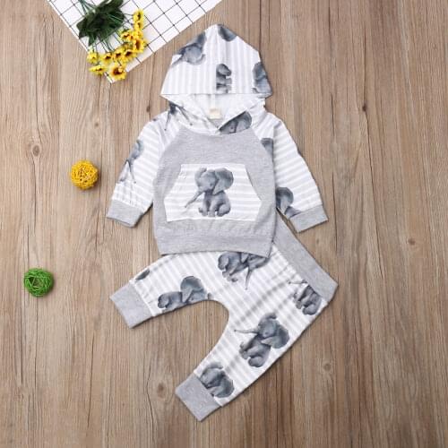 Pudcoco Autumn Newborn Baby Boy Clothes Elephant Print Pocket Hooded Tops Long Pants 2Pcs Outfits Striped Clothes Autumn