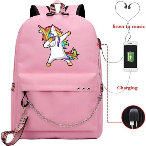 Casual Unicorn Usb Charge Rucksack Students Daily Mochila New Style Daily Travel Shoulder Backpack with Chain