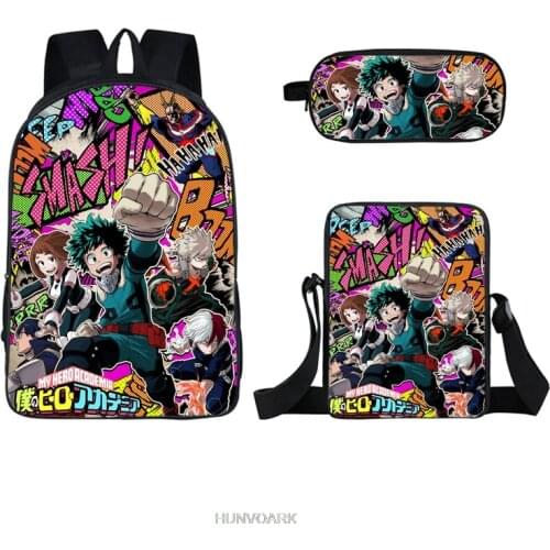 My Hero Academy 3PCs/Set Childrens School Backpack 3D Pattern School Bags Cartoon Anime Design Teenagers Book-Bags Sets