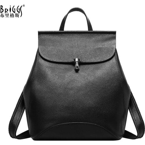 BRIGGS 100% Genuine Leather Vintage Women Backpack Elegant Black Daily Holiday Backpack Casual Travel Bags Girls Schoolbag New