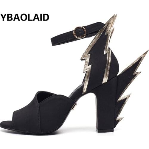 Fashionable Summer New Open-toe Word Buckle Thick Heel Sandals Color Matching Bag with Ankle Strap Lightning High Heels