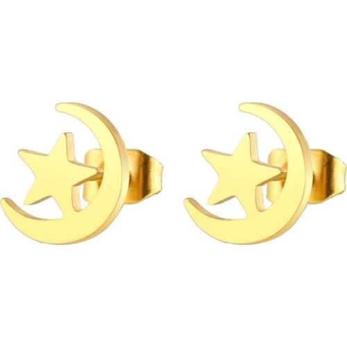 Moon Star Earings Piercing Pendientes Oorbellen Brincos Statement Stainless Steel Crescent Star Stud Earrings Muslim Jewelry