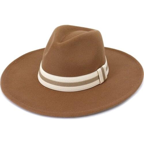 Wide Brim Simple Church Derby Top Hat Panama Solid Felt Fedoras Hat with Bow for Women artificial wool Blend Jazz Cap