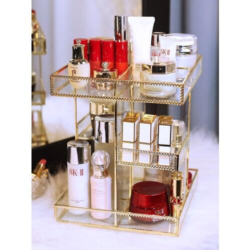 Dressing Table Rotating Cosmetic Storage Box Transparent Glass Rack European Rotating Design Style Copper Edging
