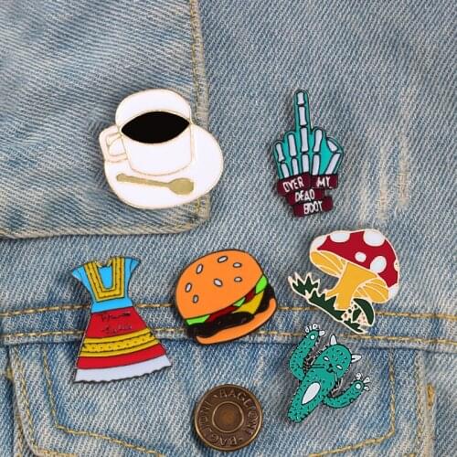 Women Lapel Brooch Hamburg Skirt Hand Cup Cactus Mushroom Badge Custom Enamel Pins Bag Clothes Button Pin for Kids Jewelry Gifts
