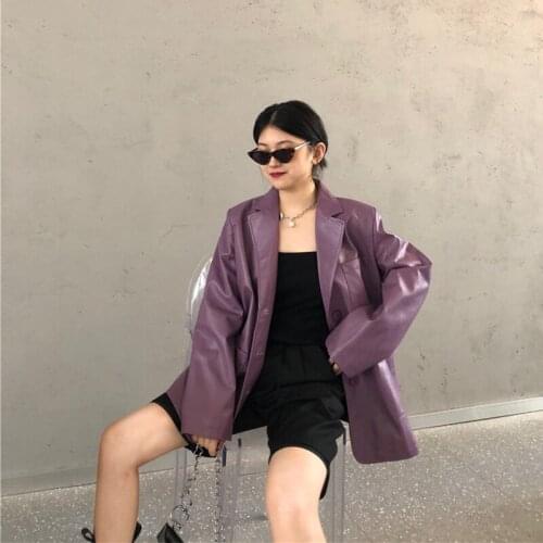 Streetwear Purple Plus Size PU Leather Jacket Lapel Long Sleeve Loose Fit Women Coat Fashion Spring Fall 2021 Casacas Para Mujer