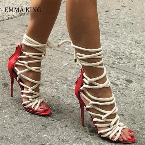 2020 New Women Summer Gladiator Sandals Lace Up Women Ankle Boots Sexy High Heel Cut Out Braided Strappy Gladiator Stilettos