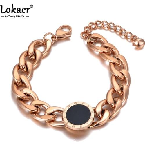 Lokaer Hiphop/Rock Titanium Stainless Steel Big Thick Chain Bracelets For Women Roman Numerals Chain Link Bracelet Bangle B20171