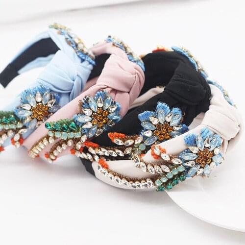 Hot Sale 2021 New Colorful Rhinestone Flower Baroque Headband Crystal Diamond Fabric Knot Hairband for Women Hair Accessories