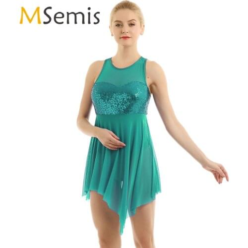 Women Lyrical Ballet Dance Costume Dress Gymnastics Leotard Illusion Sweetheart Sequins Trianglar Cut Skirt Leotard Bodysuit