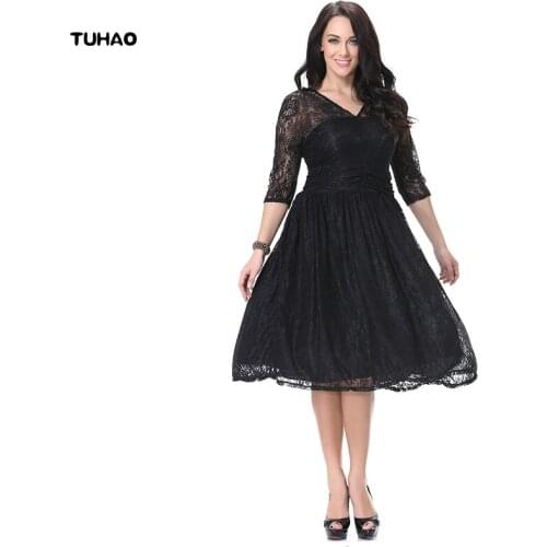 TUHAO V Neck Lace Womens Dress Knee Length Dresses A Line Half Sleeve High Waist Plus Size For Women 5XL 6XL 7XL Autumn CM03