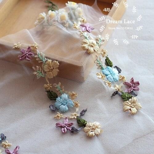 1pair/lot) 3D Ribbon Sewing Floral Flower Motif Lace Applique ,Wedding Bridal Embroidery Lace patch
