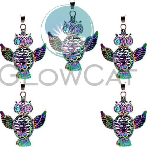 5X C122 Rainbow Colors Flying Owl Beads Cage Essential Oil Diffuser Oyster Pearl Cage Magnetic Buckle Locket Pendant