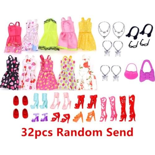 32 Item/Set Doll Accessories=10 Pcs Doll Clothes Dress+4 Glasses+6 Plastic Necklace+2 Handbag+10 Pairs Shoes for doll