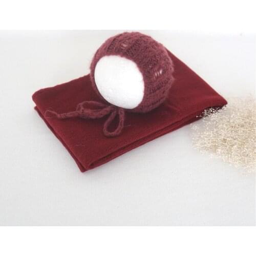 Burgundy Wrap and Hat Set Luxury Newborn Wraps Photography Prop Hat Knit Swaddle Blanket Posing Layer Fabric Baby Hat Bonnet