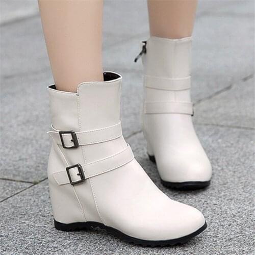 PXELENA Hot New Plus Size 34-43 Women Ankle Boots Hidden High Heels Zip Buckle Female Winter Shoes Black White Beige Footwear