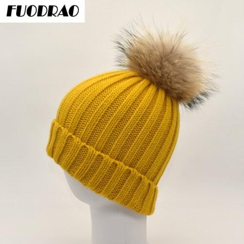 FUODRAO Brand Female Fur Pom Poms hat Winter Hat For Women Girl 's Hat Knitted Beanies Cap Hat Thick Women Skullies Beanies Z10
