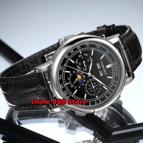 42mm Corgeut mechanical wristwatches moon Phase black Dial Silver Year Day Month Week 316L SS Case Automatic watch men