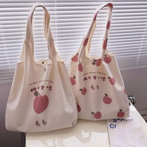 2021 Fashion Canvas Tote Bag Purses and Handbags for Women Shopper Cute Designer Shoulder Bag Japanese Style Peach Print Eco Bag