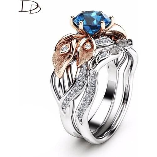 DODO 7.5Mm Blue AAA Zircon Flower Fairy Rings For Women Fashion 2 Pcs Set Ring Rose Gold Color Leaves Kpop Jewelry Anel Ra0234