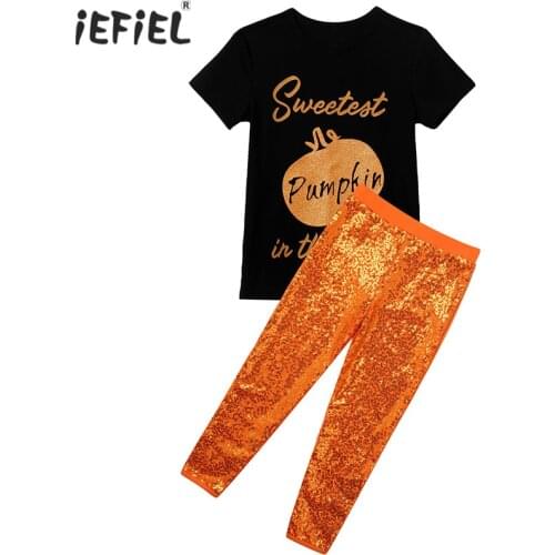 Kids Girls Halloween Party Outfits Short Sleeve Pumpkin T-Shirt Tops with Sparkly Sequins Pants Costumes Childrens Clothes Set