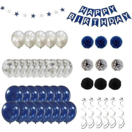 Balloon Kit 46pcs/lot Navy Blue Silver Balloon Set With Banner for Boy Birthday Party Macaron Star Balloons With Spiral Garland