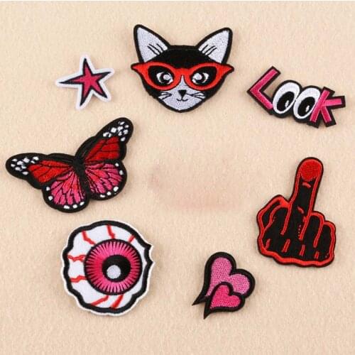 Novelty Punk Cat Look Iron On Patch Clothes Patch For Clothing Girl Boy Embroidered Patch