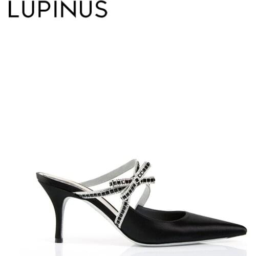 LUPINUS Luxury Brand Pumps Women Fashion Crystal Thin Heel Women Sandals Black Pointed Toe Slingback Shoes Women