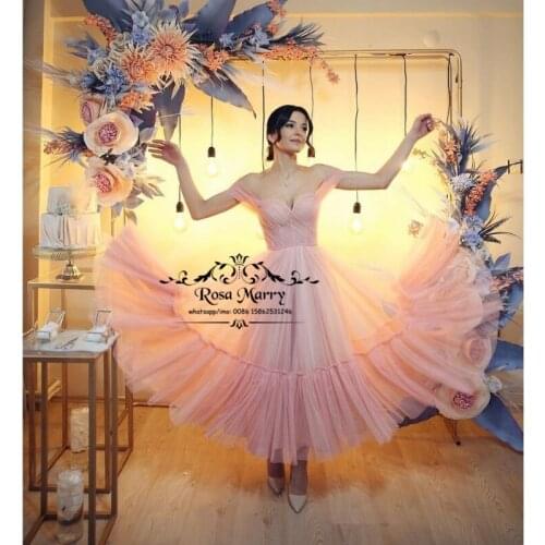 Pink Women Prom Dresses 2021 A Line Off Shoulder Plus Size Tea Length Vestido De Fiesta De Boda Formal Evening Party Gowns