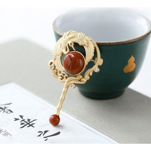 Three-dimensional design silver inlaid southern red tourmaline brooch charm classical palace style ladies brand jewelry