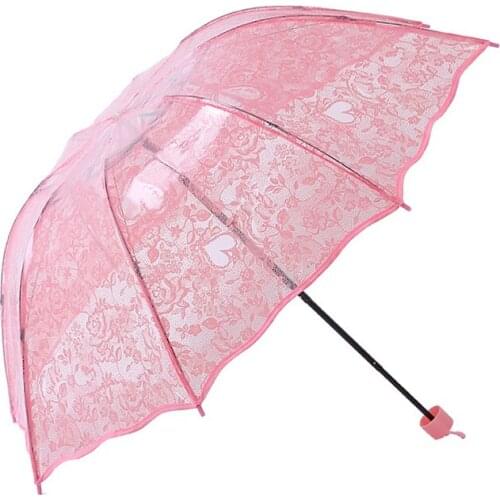Thicken Three Fold Transparent Princess Umbrella Romantic Lace Red Heart Print PVC Clear Umbrellas Lovers Girls Gifts Dropship