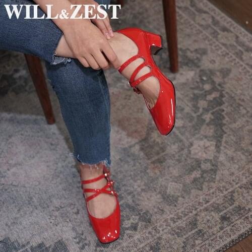WILL&ZEST Women Pumps Mary Jane Patent Leather Colorful Heels Shoes and Bag for Party Wedding Fashion Red Designer Cute Sandals