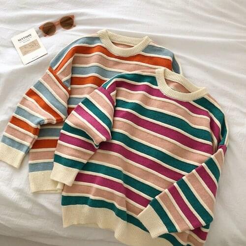 Women Clothes Stripe Sweater O-Neck Loose Long Sleeve Korean Casual Ladies Knitting Sweet Student Pullover Tops