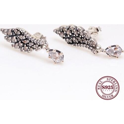 Original 925 Sterling Silver Earring Majestic Feathers With Crystal Studs Earrings For Women Wedding Party Fashion Jewelry