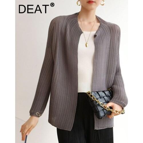 DEAT Woman Pleated Coat Checkered Folds Round Collar Long Sleeve Casual Style Cardigan Jackets 2021 Autumn Fashion 15JK233h