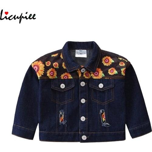 1-6 Years Baby Boy Coats Little Girls Casual Long Sleeve Jackets Cardigan Fashion Sunflower Printing Stitching Denim Coat