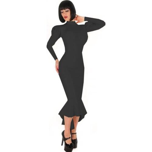 Women Long Puff Sleeves Dress Sexy PVC Latex Club Party Dress High Neck Female Fashion Autumn Spring Robes Dresses Vestidos