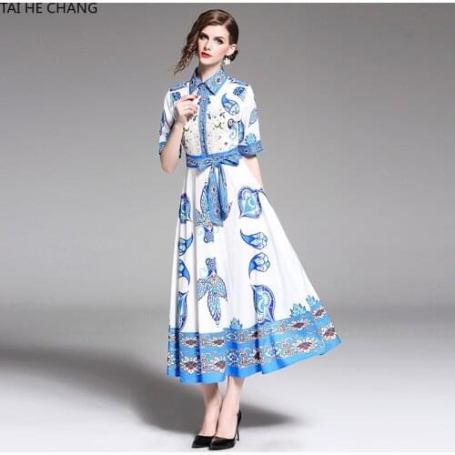 Women Dress Summer Spring Elegant Bodycon Vintage Party Runway Casual Print Short Sleeve Maxi A-line Shirt Office Work Dresses
