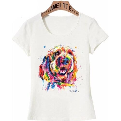 AMEITTE New Fashion Women Short Sleeve Watercolor Puppy Print T-Shirt Casual Cute Girl Tops Colorful Dog Design Female White Tee