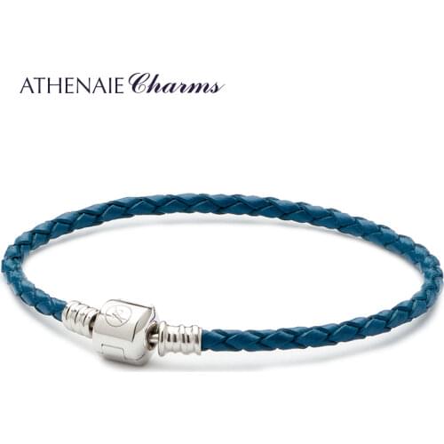 ATHENAIE Blue Single Braided Leather 925 Sterling Silver Snap Clasp Bracelet Fits Fit All European Charm Bead